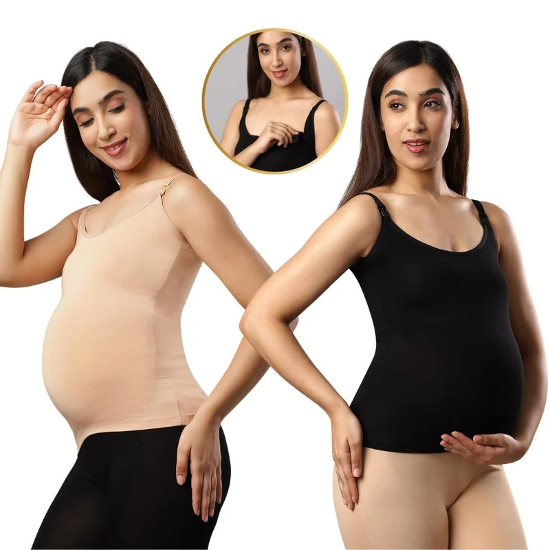 TUMMY Pack of 2 Seemless Maternity & Nursing Feeding Support Vest - Black & Beige